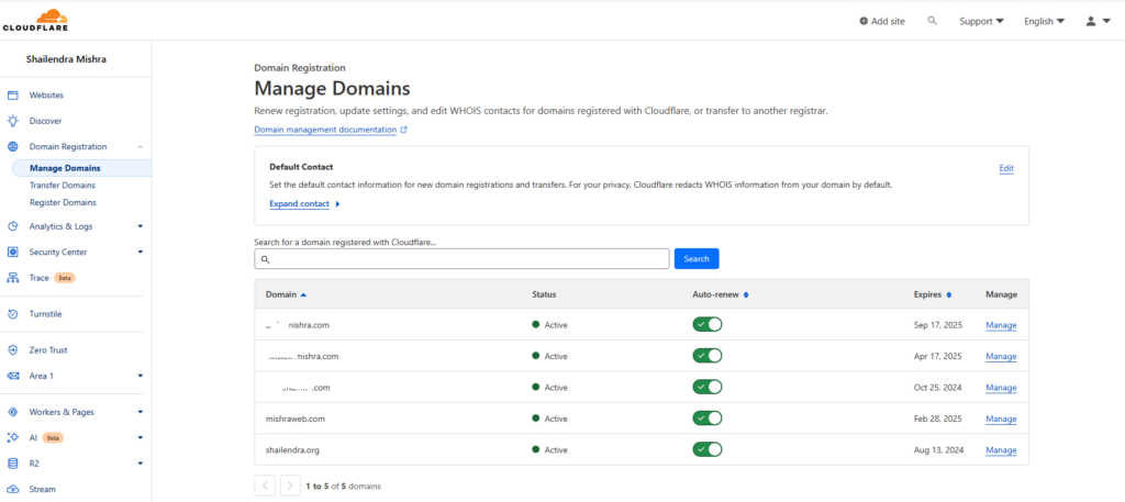 Screenshot of my domains registered on cloudflare