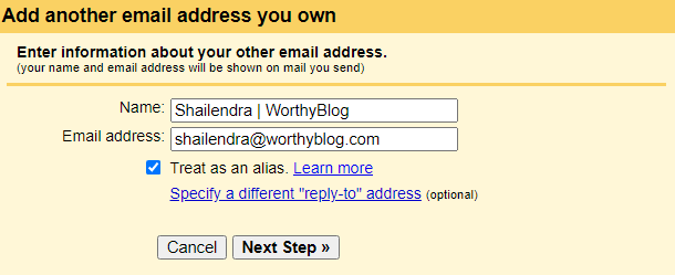 adding your email alias popup page1
