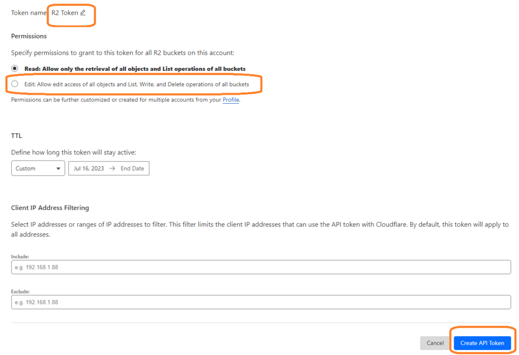 Create R2 token with Edit permission