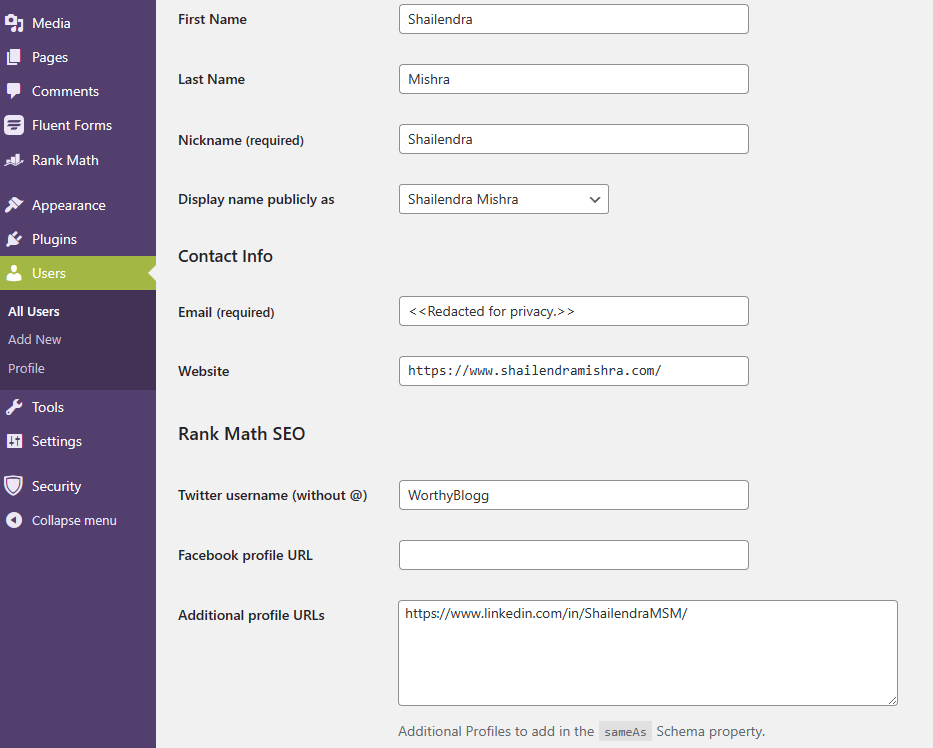 Editing User Profile With RankMath SEO Settings