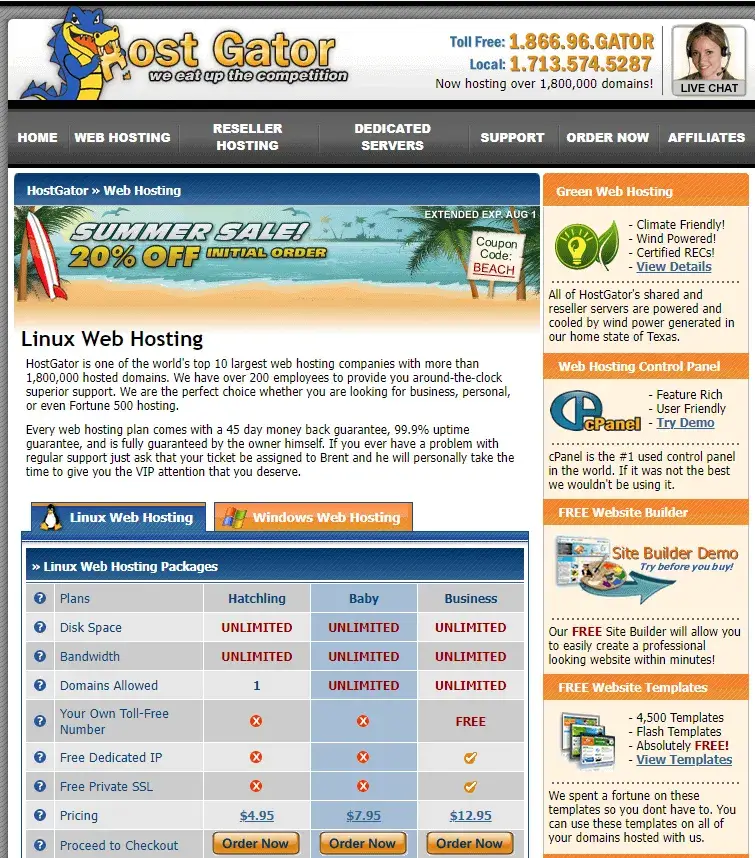 Hostgator Shared Hosting Plans in April 2008.