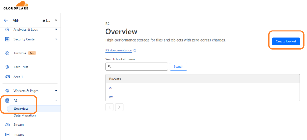 R2 create bucket option in cloudflare dashboard.