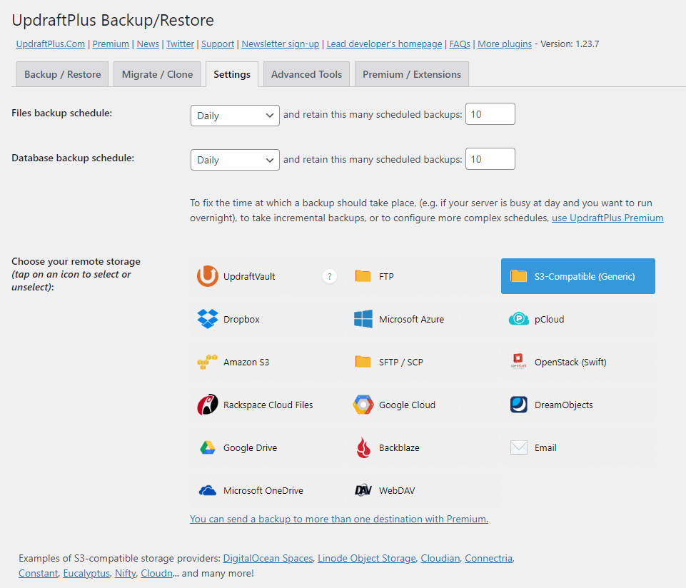 All storage options in the updraftplus backup settings.