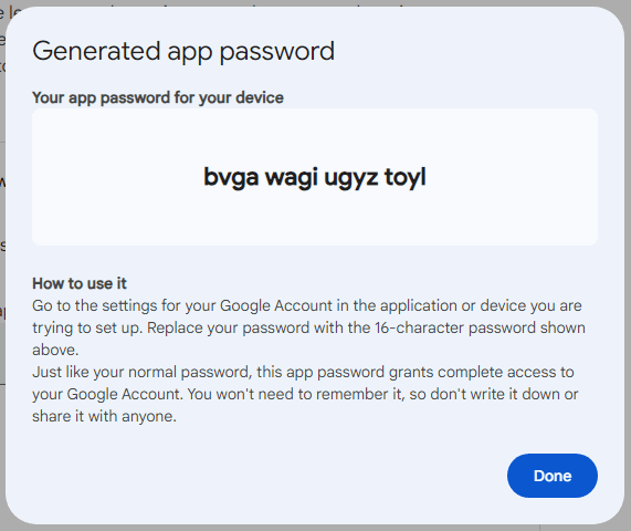 Your newly generated app password appears here